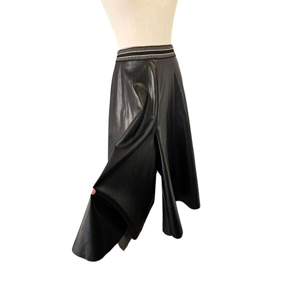 Halogen Black Faux Leather Midi Gaucho Split Skirt Sz M Stripe Elastic Waistband - Picture 1 of 9